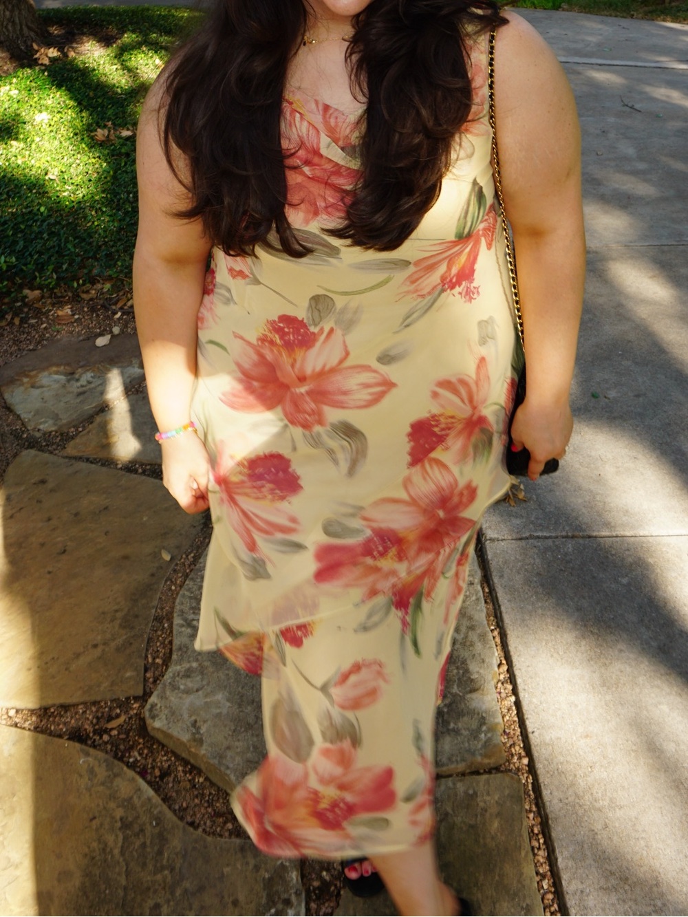 Floral Slip Dress in Yellow with Pink Blooms